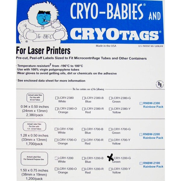 Cryo-Tags, Laser, 1 1/2x3/4", Green, 1200/pk, 1200PK
